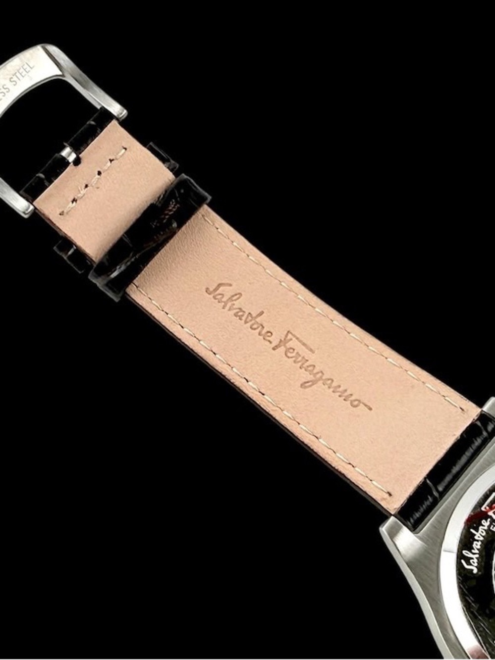 Salvatore Ferragamo Silver Case White Dial Black Leather Strap Watch